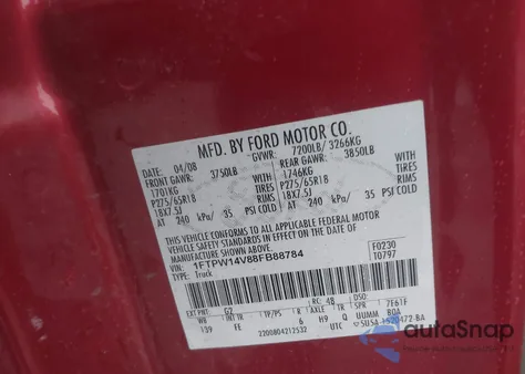 2008 Ford F-150 60Th Anniversary/Fx4/King Ranch/Lariat/Xlt from USA, damaged, VIN 1FTPW14V88FB88784